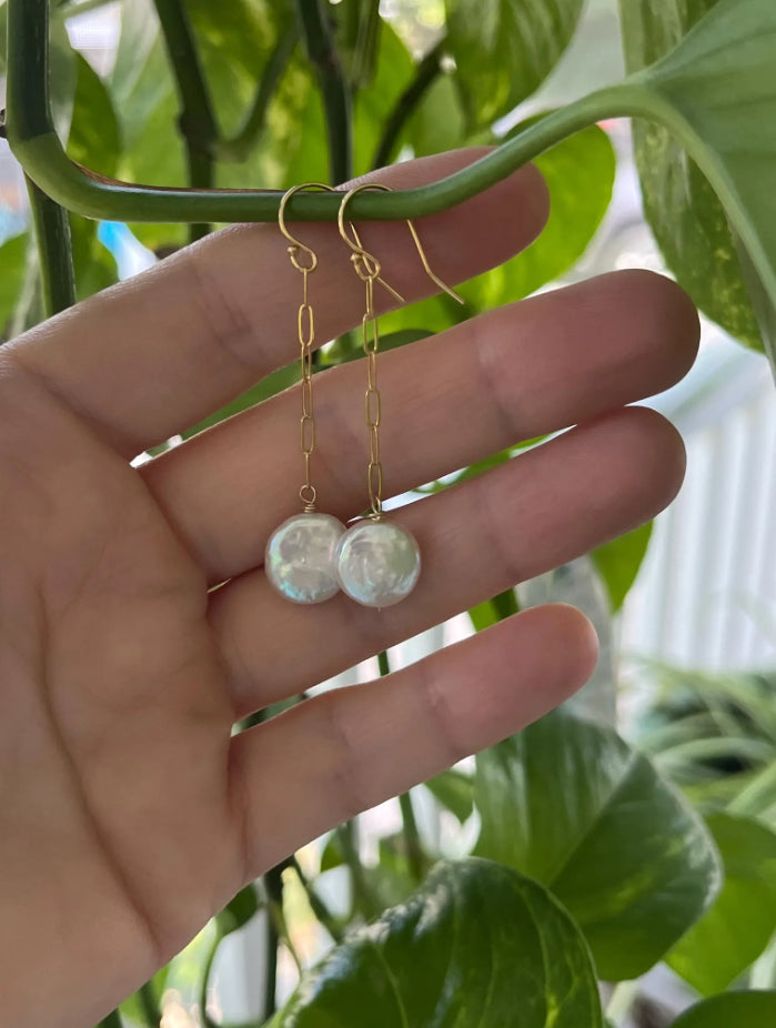 Coin pearl paperclip chain earrings