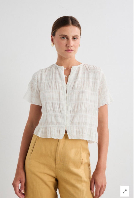 Mus and Bombon Cotton and recycled blend shirred crop top.