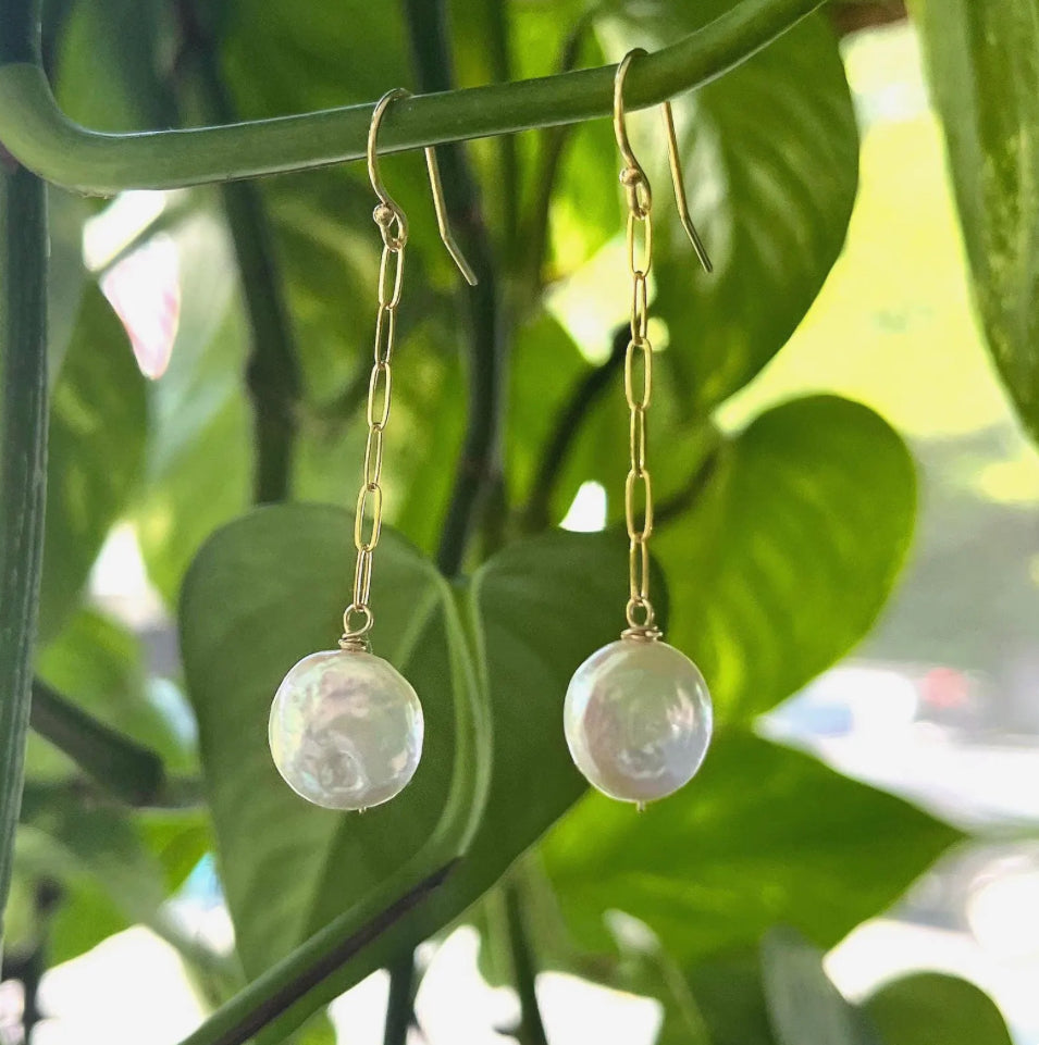 Coin pearl paperclip chain earrings